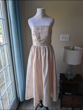 Strapless Cream Heavy Floral Jacquard Midi Dress 80s Style